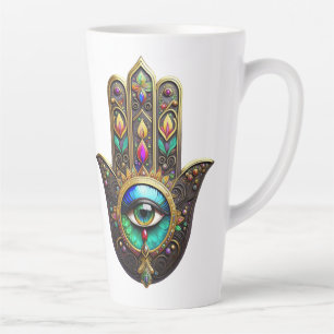 Tasse Latte Hamsa Brun Doré Coloré Arc-en-Ciel Troisième Œil