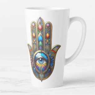 Tasse Latte Hamsa doré coloré avec troisième œil à moucheture