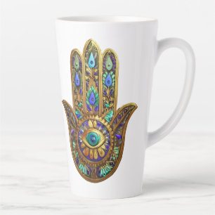 Tasse Latte Hamsa doré peint Turquoise Saphir Troisième Œil