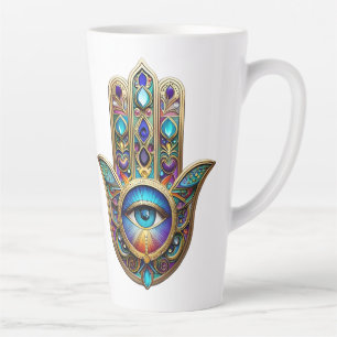 Tasse Latte Hamsa Violet Turquoise avec Troisième Œil Saphir