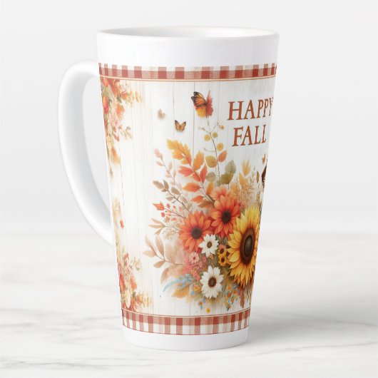 Tasse Latte Happy Fall mignonne Folk Art Scarecrow et automne (Angle gauche)