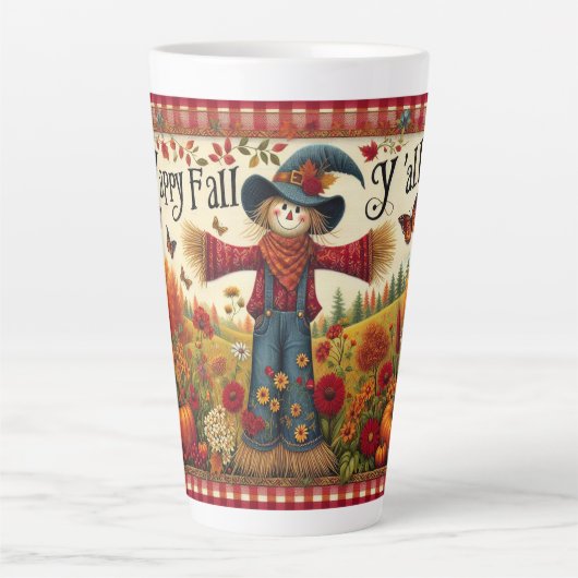 Tasse Latte Happy Fall Yall mignon Folk Art Scarecrow (Devant)