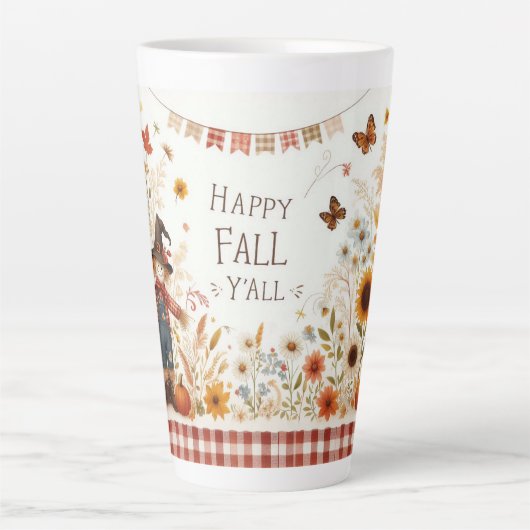 Tasse Latte Happy Fall Ya'll Scarecrow and Autumn Foliing (Devant)