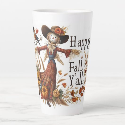 Tasse Latte Happy Fall Ya'll Scarecrow and Autumn Foliing (Devant)