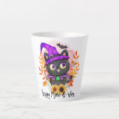 Tasse Latte Happy Meow-o-ween -Chat Sorcière Noire (Devant)