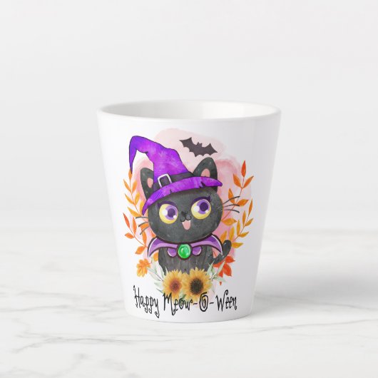 Tasse Latte Happy Meow-o-ween -Chat Sorcière Noire (Devant)