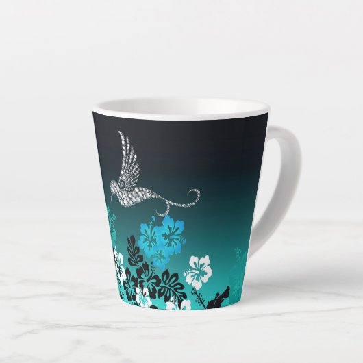 Tasse Latte Hibiscus sur Turquoise avec Colibri (Angle droit)