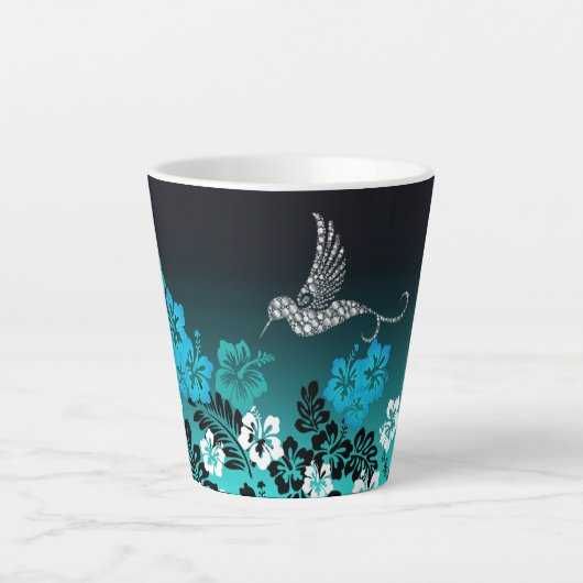 Tasse Latte Hibiscus sur Turquoise avec Colibri (Devant)
