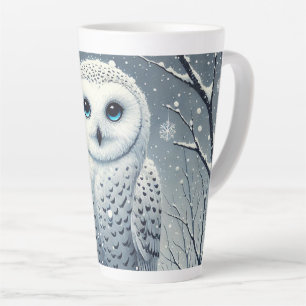 Tasse Latte Hibou des neiges perché sur une branche enneigée