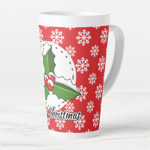 Tasse Latte Holly on Red White Snowflakes