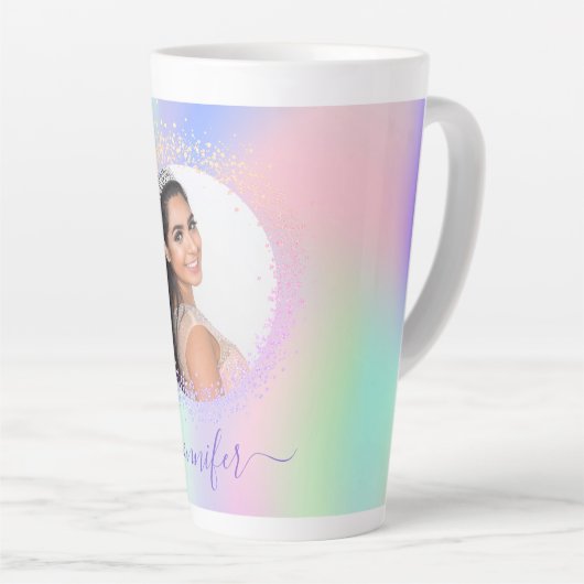 Tasse Latte Holographe photo rose violet nom script (Angle droit)