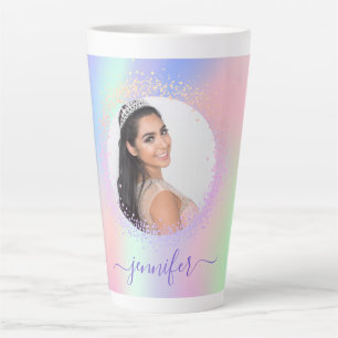 Tasse Latte Holographe photo rose violet nom script