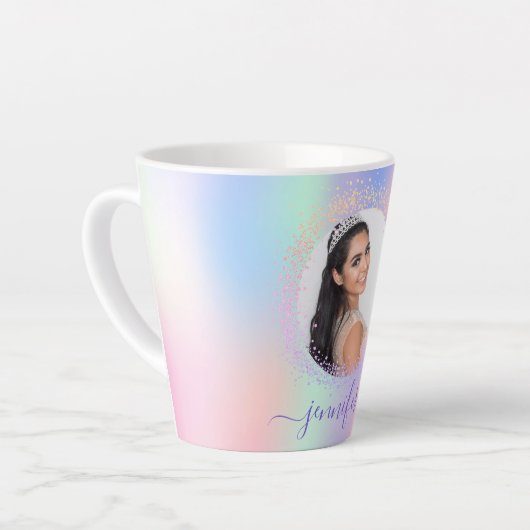 Tasse Latte Holographe photo rose violet nom script (Angle gauche)