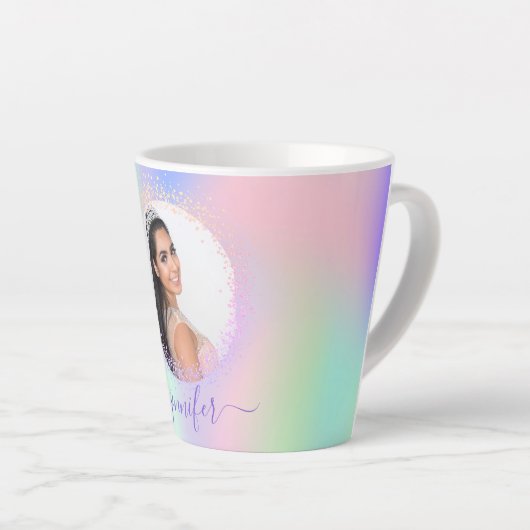 Tasse Latte Holographe photo rose violet nom script (Angle droit)