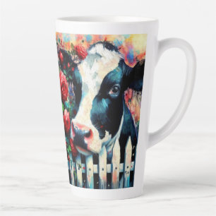 Tasse Latte Holstein Picket de vache clôture Roses rouges Noir