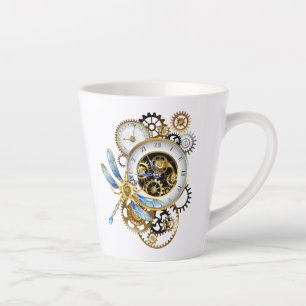 Tasse Latte Horloge Steampunk avec libellule mécanique
