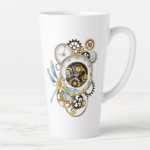 Tasse Latte Horloge Steampunk avec Libellule Mécanique