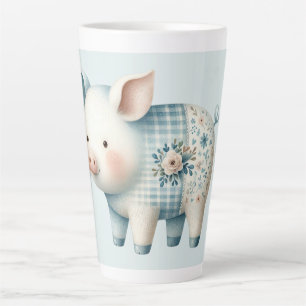 Tasse Latte Illustration de Cottagecore avec un Cochon en Patc