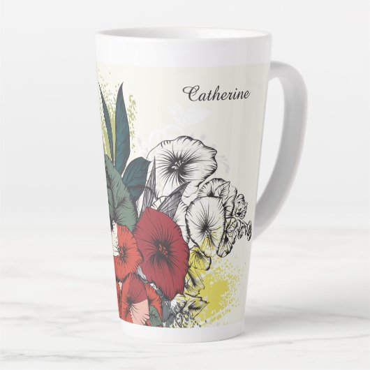 Tasse Latte Illustration Fleur de nom personnalisé (Angle droit)