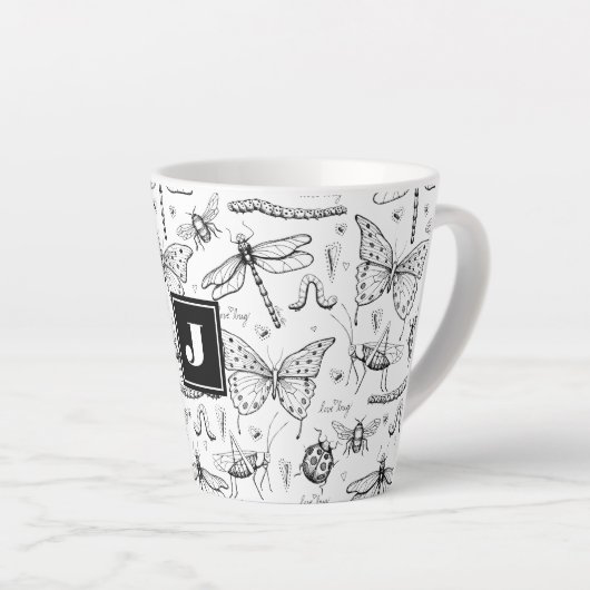 Tasse Latte Illustration moderne des insectes noirs et blancs (Angle droit)