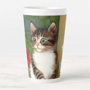 Tasse Latte Illustration vintage de chat avec fleurs de printe