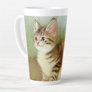 Tasse Latte Illustration vintage Kitten avec fleurs