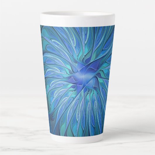 Tasse Latte Imaginaire Fleur Bleue Motif, Art Fractal Abstrait (Devant)