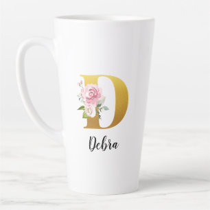 Tasse Latte Initiale de nom en monogramme floral personnalisé