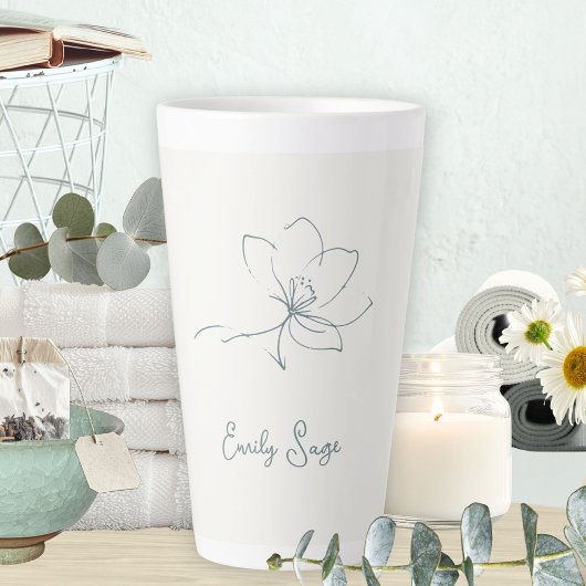 Tasse Latte Ivory Coastal Blue Botanical Line Art Minimalist