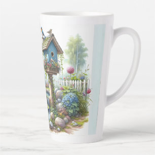 Tasse Latte Jardin de maisonnette à l'aquarelle avec nichoir à