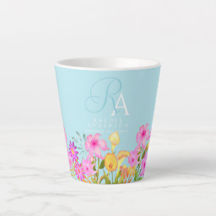 Tasse Latte Jardin Floral Monogramme bleu