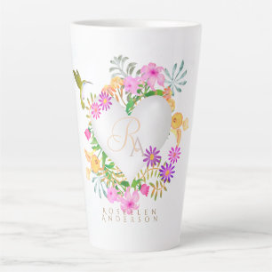 Tasse Latte Jardin Floral Monogramme Coeur Blanc