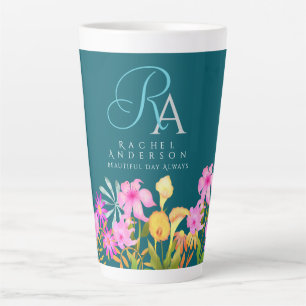 Tasse Latte Jardin Floral Monogramme Turquoise