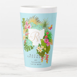 Tasse Latte Jardin tropical Monogramme bleu