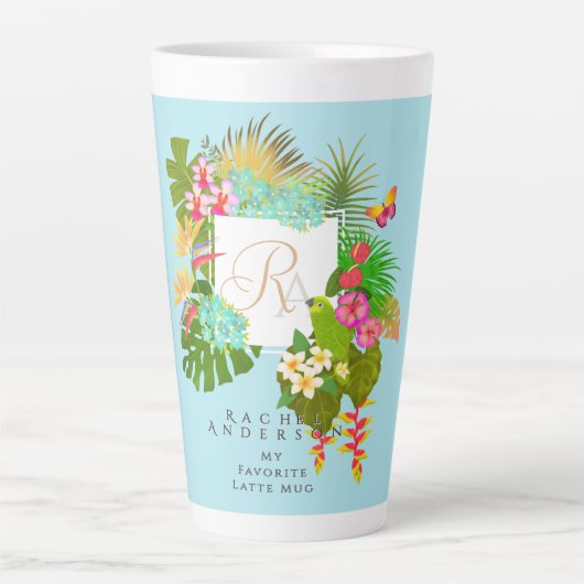 Tasse Latte Jardin tropical Monogramme bleu (Devant)