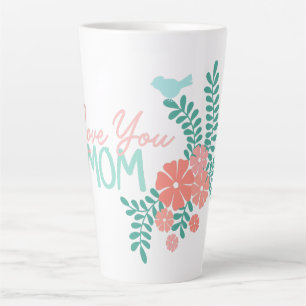 Tasse Latte Je t'aime maman texte fleurs roses et oiseaux bleu