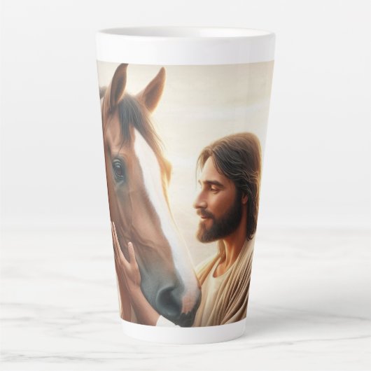 Tasse Latte Jésus réconfortant un cheval au ciel (Devant)