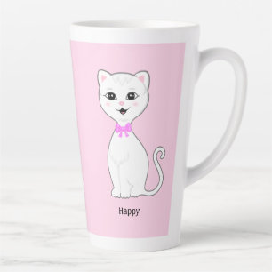 Tasse Latte Joli Chat Blanc Heureux sur Fond Rose Clair