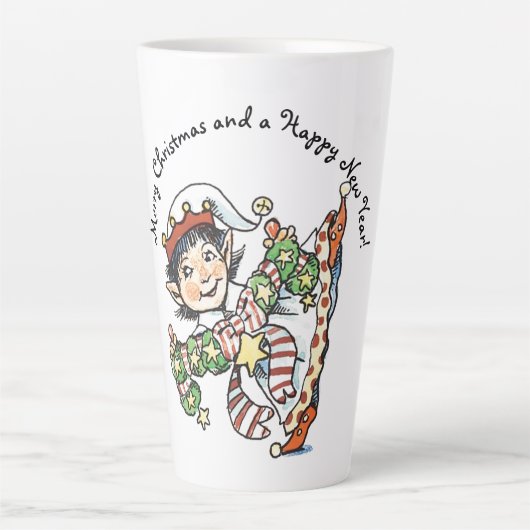 Tasse Latte Joli Elf Dancing, Caricature rétro de Noël (Devant)
