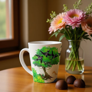 Tasse Latte Joli oiseau avec des écureuils jouant dans les boi