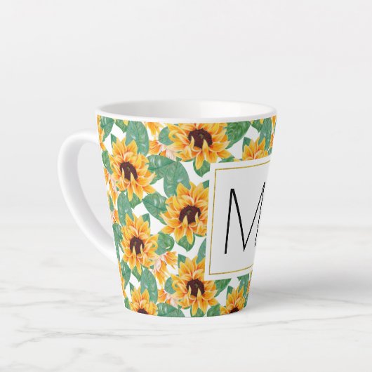 Tasse Latte Joli tournesol Jaune & Vert Motif Monogramme (Angle gauche)