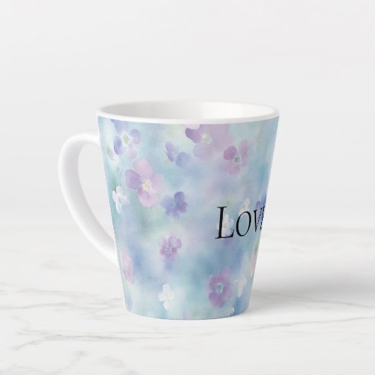 Tasse Latte Joli violet Fleurs blanches Aimer (Angle gauche)