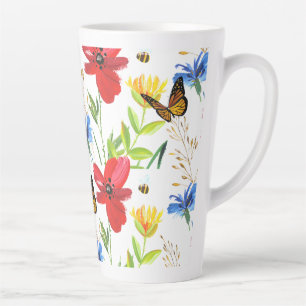 Tasse Latte Jolies fleurs aquarelles d'été avec papillons