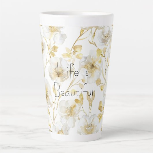 Tasse Latte Jolies Fleurs Blanches Dorées (Devant)