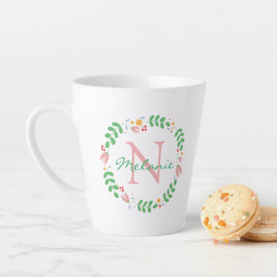 Tasse Latte Jolies fleurs de printemps Wreath Monogrammé