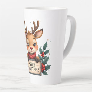 Tasse Latte Jolis rennes de Noël avec houx et panneau