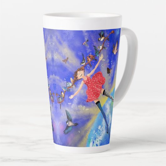 Tasse Latte Joyeuse fille aux oiseaux - Happines - (Angle droit)