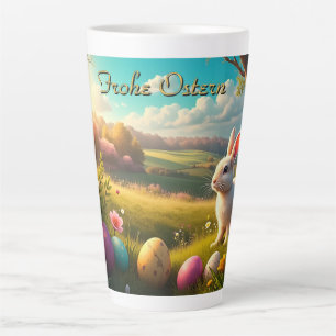 Tasse Latte Joyeuses Pâques dans un paysage printanier