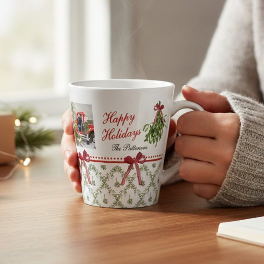 Tasse Latte Joyeuses vacances Mistletoe Red Bow Family Photo