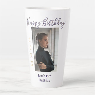 Tasse Latte joyeux 15e anniversaire photo nom année t violet p